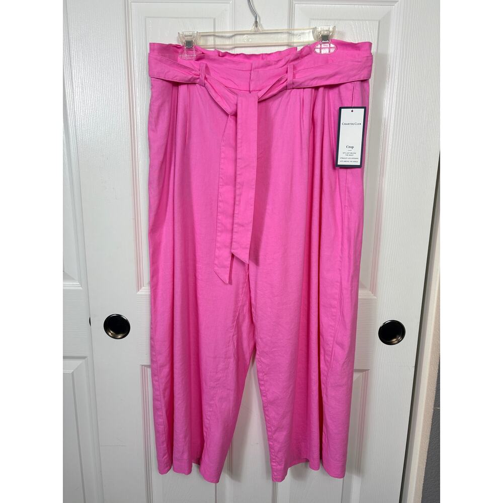 Charter Club Pink Linen Blend Belted Wide Leg Crop Pants Women's Size 14 NWT